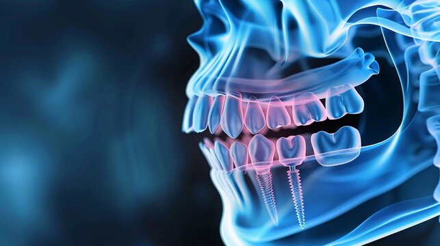 3D rendering of a jaw X-ray demonstrating the placement of dental implants