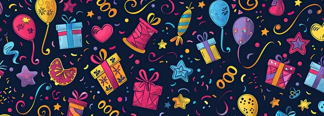 A picture for a birthday card in a cartoon style, decorated with colors, with images of gifts.