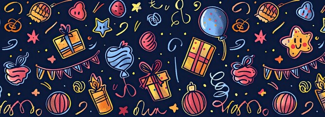 A picture for a birthday card in a cartoon style, decorated with colors, with images of gifts.