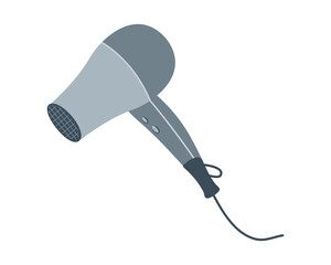 Gray Hairdryer for styling. Item for drying hair. Professional equipment with wire for hairdressing, grooming, barbershop. Electronic device blowing warm air. Flat style. Isolated. Vector illustration