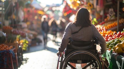 Obraz premium Woman in a wheelchair navigating a busy outdoor market filled with fresh fruits and vegetables on a sunny day.
