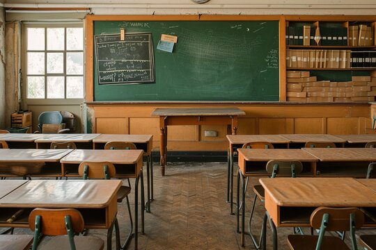 School classroom with school desks and blackboard