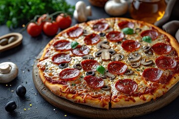 Tasty pepperoni pizza with mushrooms and olives