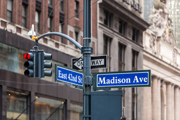 New York Traffic Lights and Street Signs for Madison Avenue