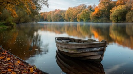 Wooden boat on calm lake with trees reflecting in the water during autumn season with colorful leaves and mist in the air on a peaceful morning