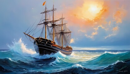 Fototapeta premium Ship, sea oil painting landscape generative AI illustration