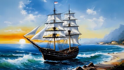 Fototapeta premium Ship, sea oil painting landscape generative AI illustration