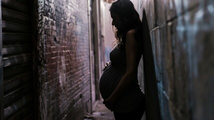 Naklejka premium Pregnant woman alone in a dark alley; abortion / women's rights concept
