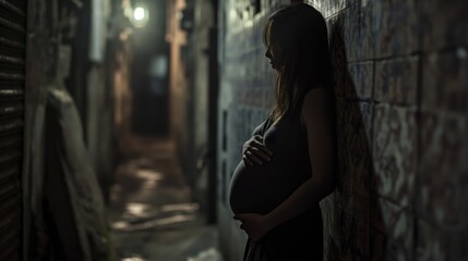 Pregnant woman alone in a dark alley; abortion / women's rights concept