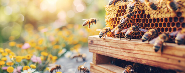 Bees working on honeycomb in wooden beehive. Colorful flowers and sunlight in background