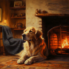 dog in the fireplace