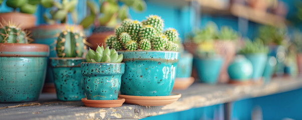 Various cacti and succulents in turquoise pots arranged on wooden shelf. Bright and colorful indoor garden display