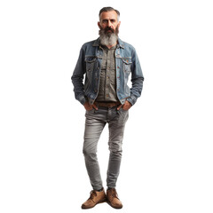 Fototapeta premium Confident middle aged bearded man stands in casual jean jacket and pants on transparent background