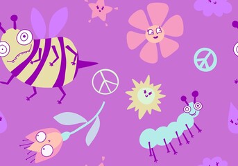 Cartoon summer print seamless bee and flower and sun and clouds and peace sign
