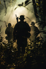 Fototapeta premium Primal Instinct: Silhouetted Hunters Navigating the Wild Terrain in Pursuit