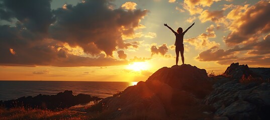 A Motivational Banner Showcasing a Silhouette of a Person Standing on a Cliff - Empty Space for Uplifting Quotes