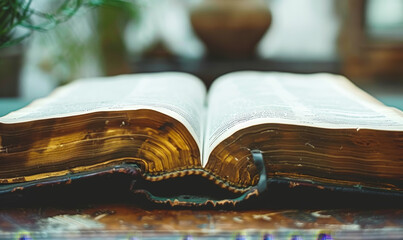 Closeup of an Open Old Bible with Blurred Background, Focus on Aged Pages and Binding, Symbolizing Faith, History, and Spirituality in a Calm, Reflective Setting