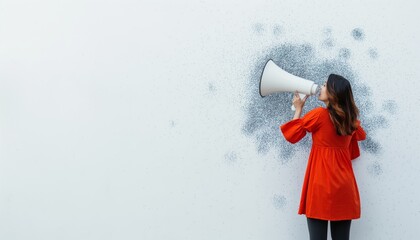 Woman in red holding a megaphone with dust cloud