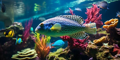 Vibrant tropical freshwater aquarium with colorful swimming fish. Concept Aquarium Setup, Freshwater Fish, Colorful Decor, Tropical Theme, Vibrant Underwater Landscape