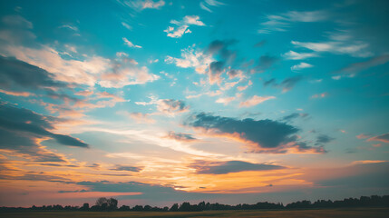 Obraz premium Vibrant Sunset with Colorful Clouds Over Fields