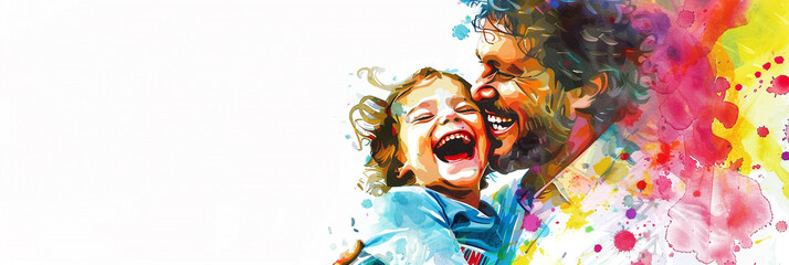 Child laughing with father, vibrant watercolor, joyful family moment, white background, heartwarming Father's Day card design.