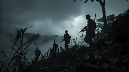 Primal Instinct: Silhouetted Hunters Navigating the Wild Terrain in Pursuit