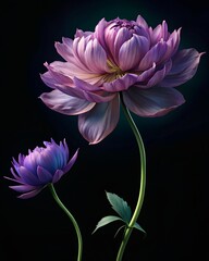 A delicate pion flower with green leaves and long stem, on a black background