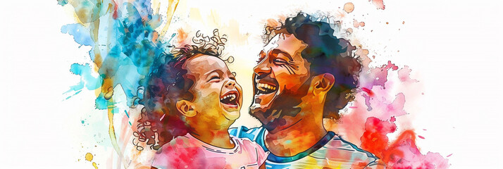 Child laughing with father, vibrant watercolor, joyful family moment, white background, heartwarming Father's Day card design.