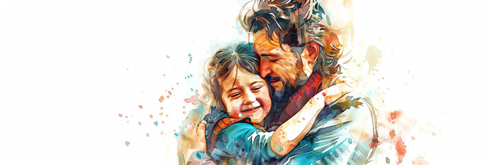 Dad and child in loving hug, bright watercolor illustration, happy family image, beautiful Father's Day card design, white background.