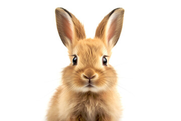 Cute rabbit looking at camera. Head close-up portrait of hare. White Isolated background. Generative AI