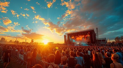 An enthusiastic crowd is captured at an outdoor concert during a picturesque sunset, creating an...