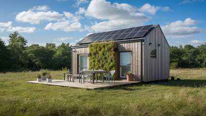 small modest ecological self-sufficient wooden house with solar panels and vertical garden, off-grid lifestyle, nordic glamping