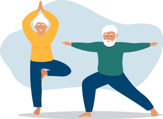 An elderly couple of a man and a woman does yoga, exercises, and leads an active life. Vector flat graphics.