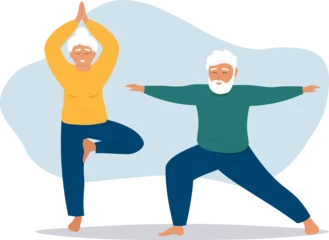 An elderly couple of a man and a woman does yoga, exercises, and leads an active life. Vector flat graphics. © Ирина Горбунова