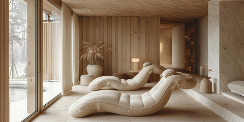minimalist modern beige monochrome spa or lounge room, ultra luxury and sophisticated amenity