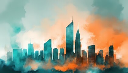 Fototapeta premium Watercolor painting of an abstract urban, cityscape, skyscraper generative AI illustration