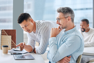 Teamwork, men and laptop in discussion with mentor for help, opinion and advice on report at desk. Employer support, feedback or proposal for project, collaboration and idea for planning in office