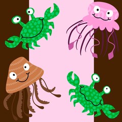 Summer animals print seamless cartoon crabs and jellyfish pattern for wrapping