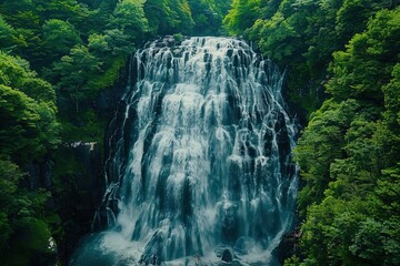 high-angle aerial view of a majestic waterfall cascading down a lush green forest