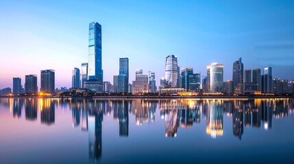 Fototapeta premium Stunning city skyline at dawn with skyscrapers reflecting in calm water. Captures modern urban landscape and architectural beauty. Ideal for business, travel