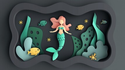 papercraft mermaid with pink hair and a green tail swims gracefully through a dark, starry ocean.