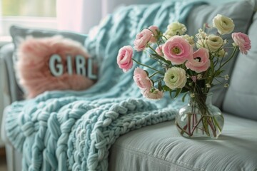 Pink and White Flowers in Vase on a Gray Sofa