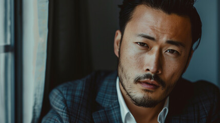 Um belo homem asiático de frente para a câmera