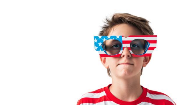 Young boy wearing glasses with the American flag print