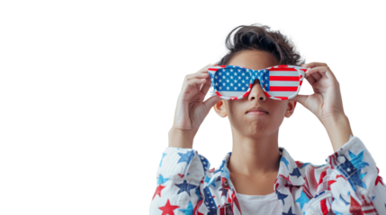 Boy holding paper glasses with the American flag colors and pattern