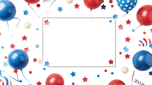 4th of July photobooth frame, red, white and blue colors stars, ballons, stripes