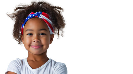 4th of July, African American girl wearing a red, white and blue ribbon