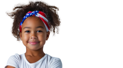 4th of July, African American girl wearing a red, white and blue ribbon