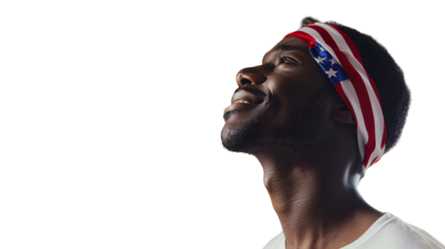 Man waring a headband with the pattern of the American flag