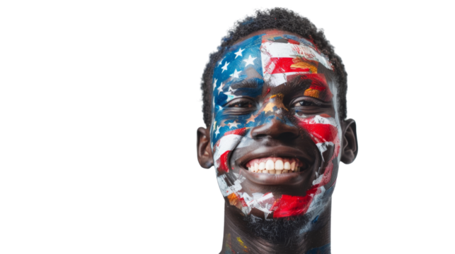 African American, close-up of the face painted with colors and pattern of the American flag
